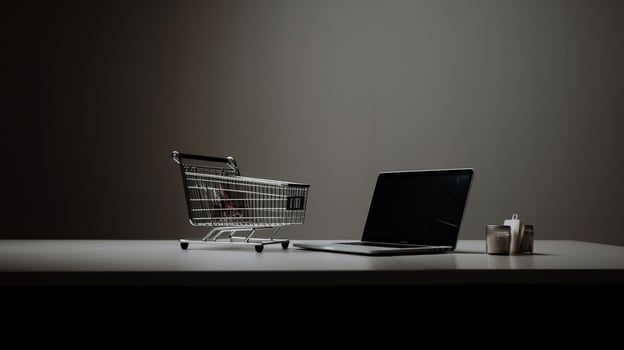 Shopping cart and laptop on the table. Online shopping concept. photo