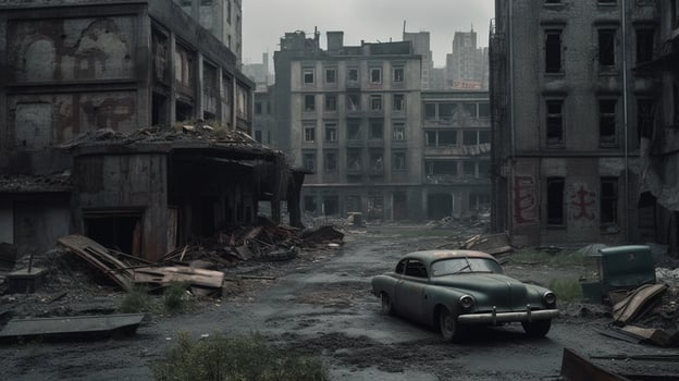 Old car in the rain on the street photo