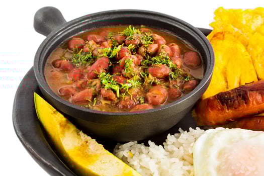 Traditional Colombian dish called Banda paisa a plate typical of Medellin that includes meat, beans, egg and plantain photo