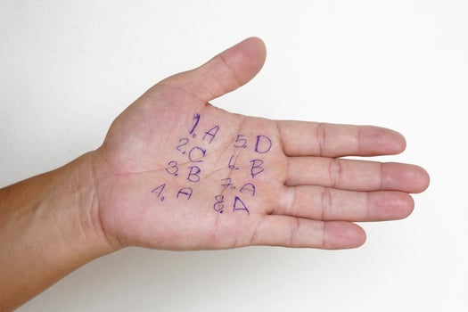 Closeup hand with written numbers and letters .Student write answer on palm. Concept , cheat the test. Dishonest behaviour. Education assessment. photo