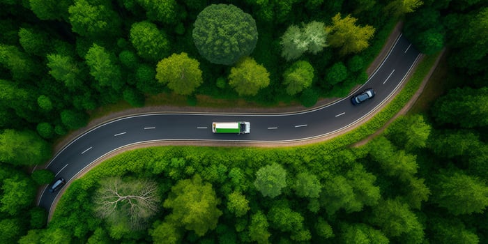 The aerial top view of road among the forest with . photo