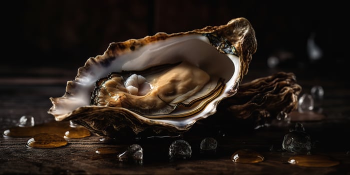 . . Macro photorealistic shot of sea ocean oyster open shell delicious food for wine. Romantic luxury vibe. Graphic Art photo