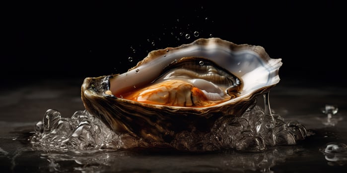 . . Macro photorealistic shot of sea ocean oyster open shell delicious food for wine. Romantic luxury vibe. Graphic Art photo