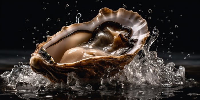 . . Macro photorealistic shot of sea ocean oyster open shell delicious food for wine. Romantic luxury vibe. Graphic Art photo