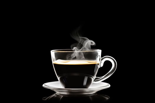 Close up a cup of a black hot coffee with smoke on black background. photo