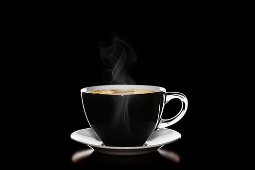 Close up a cup of a black hot coffee with smoke on black background. photo