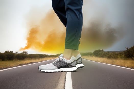 Legs view of a person walking on the road wearing sports shoes. photo