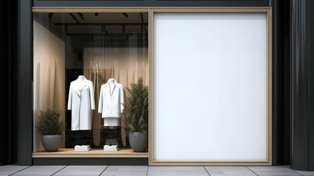 Blank white poster in a shop window. 3d rendering mock up, photo