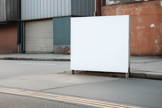 A blank white billboard mockup on a sidewalk in a city photo