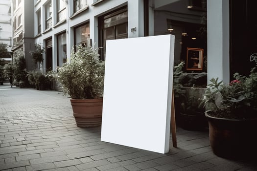 A blank white billboard mockup on a sidewalk in a city photo