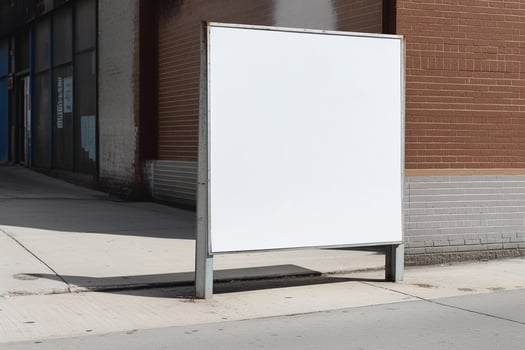 A blank white billboard mockup on a sidewalk in a city photo