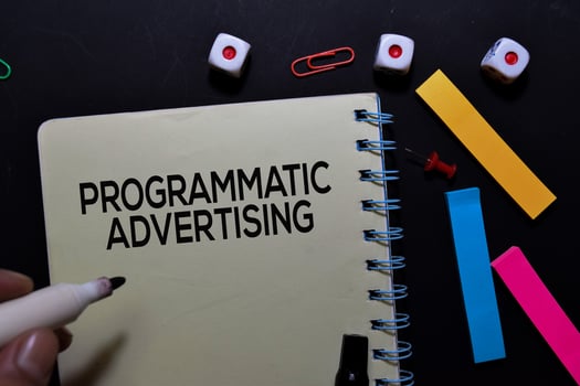 Programmatic Advertising text on book isolated on office desk photo