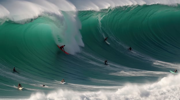 Surfers and big waves. Illustration photo