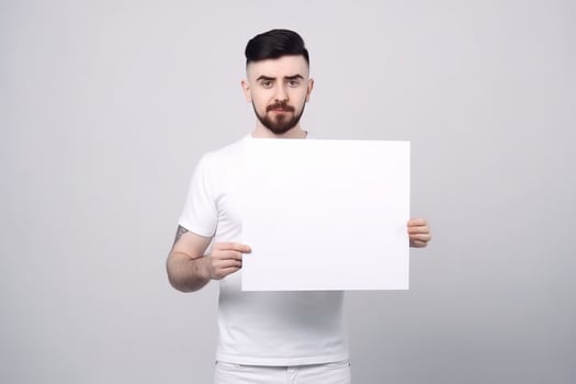 A man holds a blank white sign board mockup in his hand photo