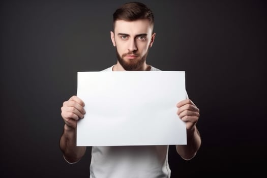 A man holds a blank white sign board mockup in his hand photo