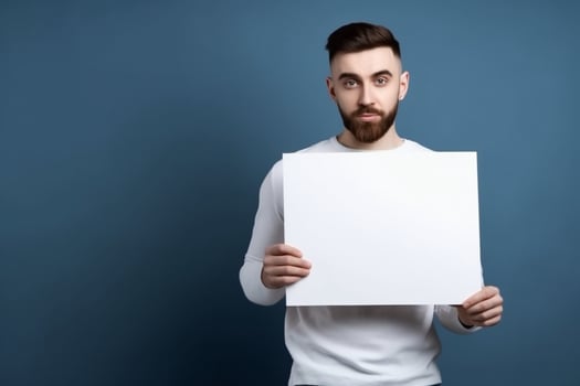 A man holds a blank white sign board mockup in his hand photo