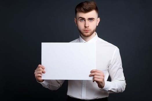 A man holds a blank white sign board mockup in his hand photo