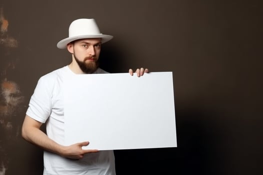 A man holds a blank white sign board mockup in his hand photo