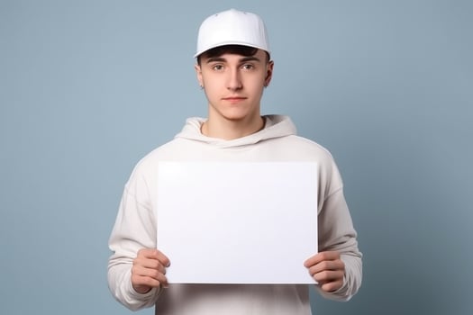 A man holds a blank white sign board mockup in his hand photo