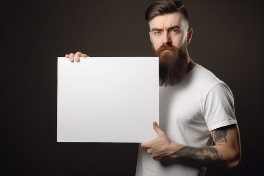 A man holds a blank white sign board mockup in his hand photo