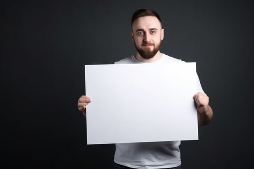 A man holds a blank white sign board mockup in his hand photo