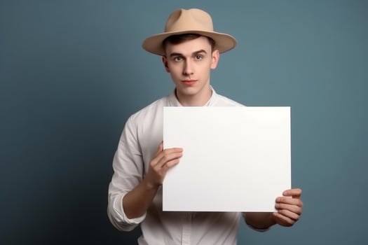 A man holds a blank white sign board mockup in his hand photo