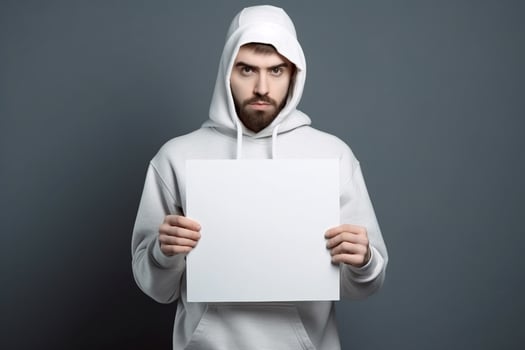 A man holds a blank white sign board mockup in his hand photo