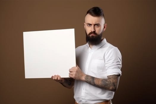 A man holds a blank white sign board mockup in his hand photo
