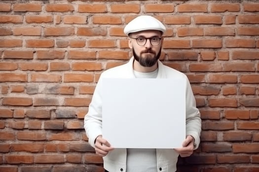 A man holds a blank white sign board mockup in his hand photo