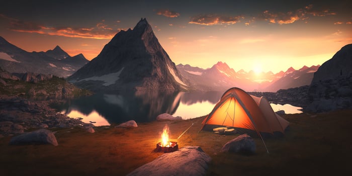 The tourist camping tent is on mountains at sunset time with . photo