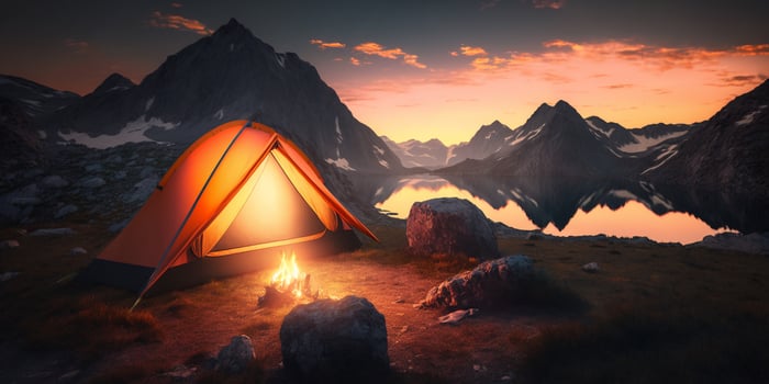 The tourist camping tent is on mountains at sunset time with . photo
