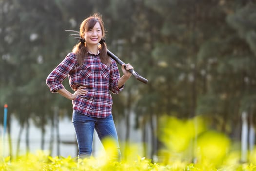 Portrait of Asian woman farmer is carrying garden fork while standing in her countryside vegetables farm during spring season for healthy diet food concept. photo