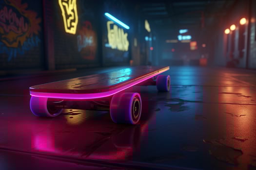 , skate board in cyberpunk style, disco nostalgic 80s, 90s. Neon night lights vibrant colors, photorealistic horizontal illustration of the futuristic city. Sport activity concept. photo