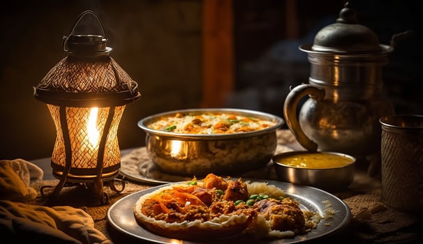 Happy diwali, lantern and india food dishes for background, poster, illustration photo