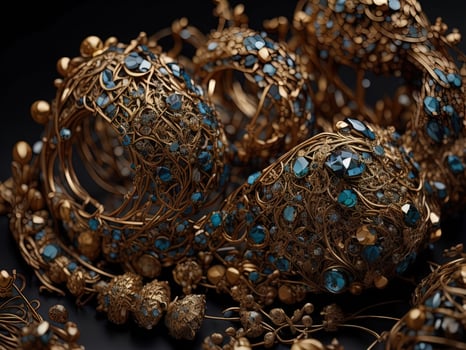 Beautiful gold bracelets with precious stones on black background, close up. photo