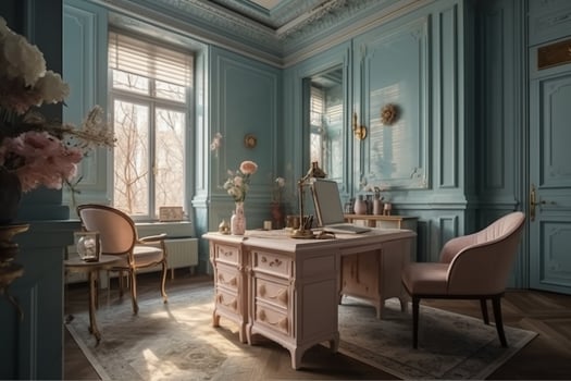 Luxurious office, in the style of light pastel colors, hand. photo