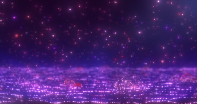 Abstract background of purple glowing falling particles and moving magical energy waves photo