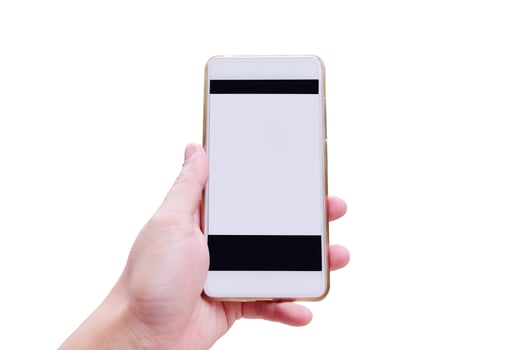 Asian Woman Hand holding Smartphone isolated on white background photo