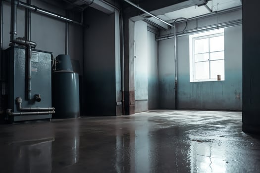 Basement with a flooded interior and a boiler. photo