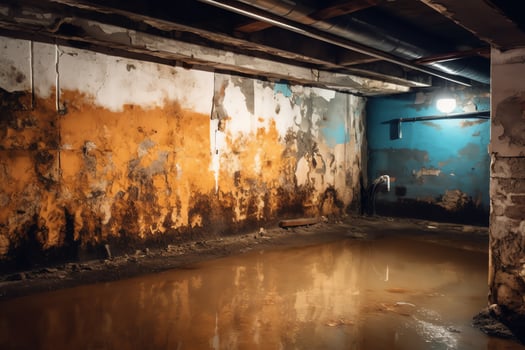 Basement under construction underwater with mold on wall. photo