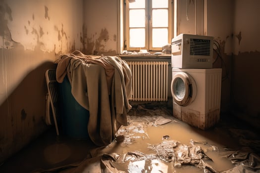 Washing machine in an old miserable filthy dilapidated bathroom basement or laundry room flooded after a water damage leak or natural flood disaster with hamper and linen. photo