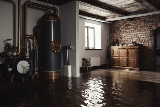 Basement with a flooded interior and a boiler. photo
