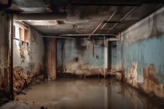 Basement under construction underwater with mold on wall. photo