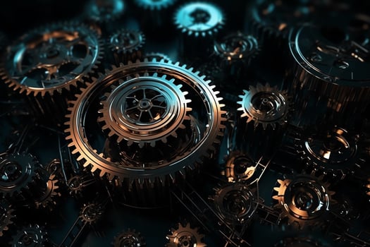 Cogs and gear wheel mechanisms concepts and ideas hitech digital technology and engineering design abstract technical background of mechanical engineering. photo