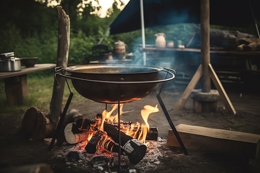 Outdoor cooking at campfire food on fire backyard grill. photo