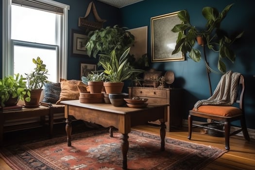 Bohemian living room with antique side table potted houseplants black framed faux photo blue wall and hardwood floor.