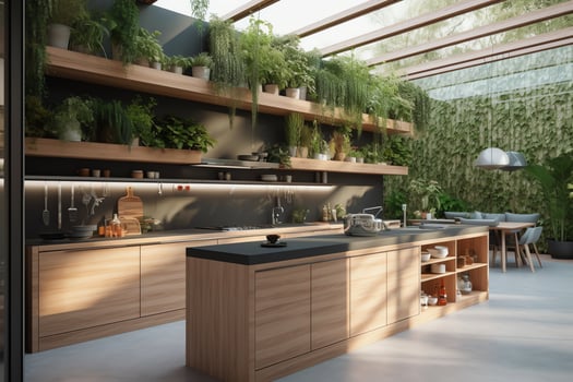 Modern garden terrace kitchen interior. photo