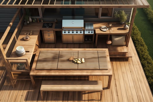 3D render of teak wooden deck with outdoor grill. photo