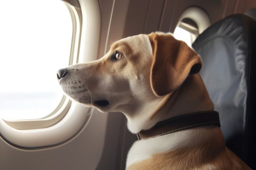 Dog near window on board an airplane Traveling with pets. photo