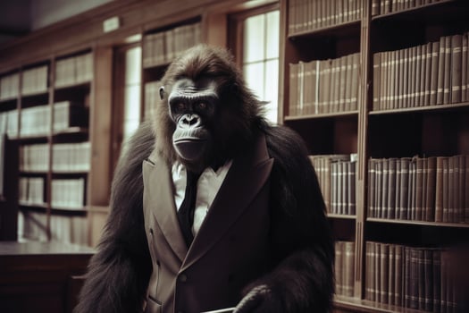 Ape wearing a suit in a library photo